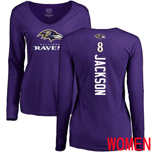 Baltimore Ravens Purple Women Lamar Jackson Backer NFL Football #8 Long Sleeve T Shirt->nfl t-shirts->Sports Accessory
